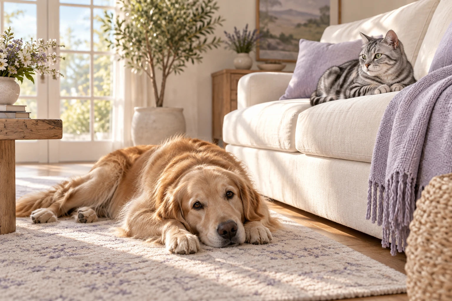 A dog and cat resting in a warm, welcoming home