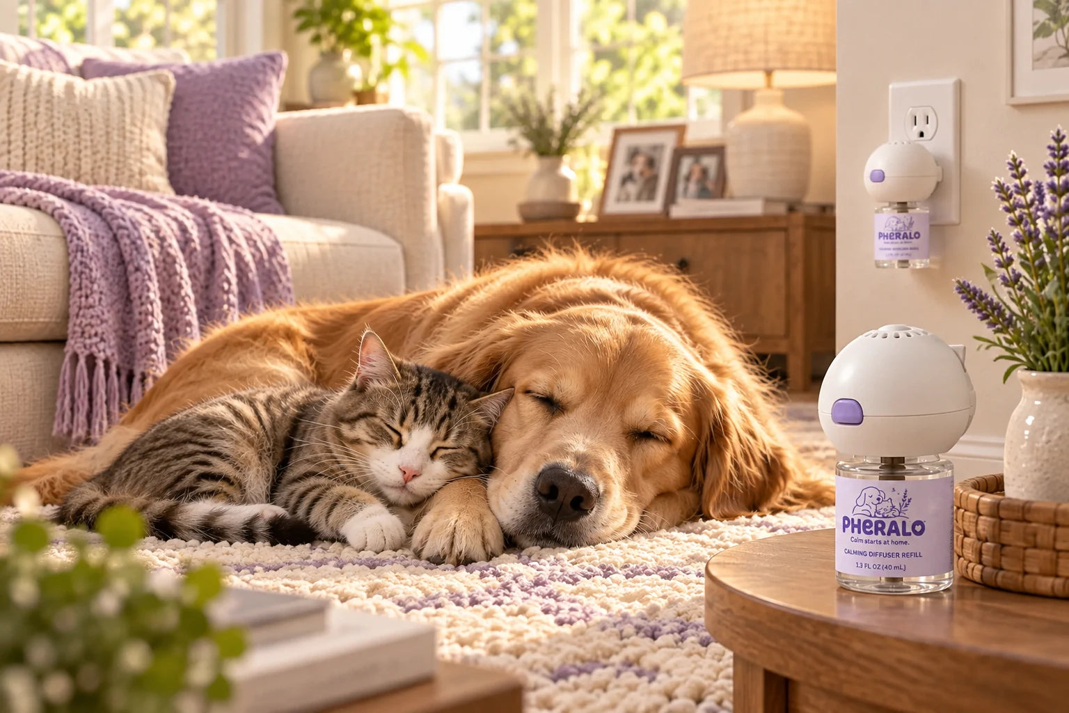 A calm golden retriever and tabby cat resting beside a PHERALO diffuser in a warm home